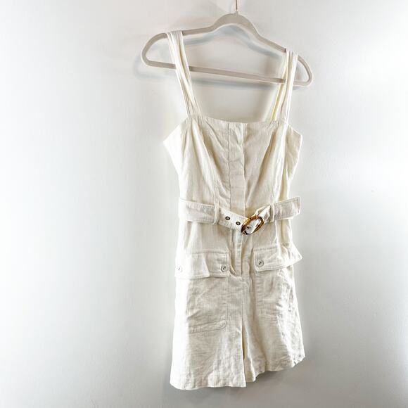 House of Harlow Linen Square Neck Belted Romper White 4 - Picture 7 of 10